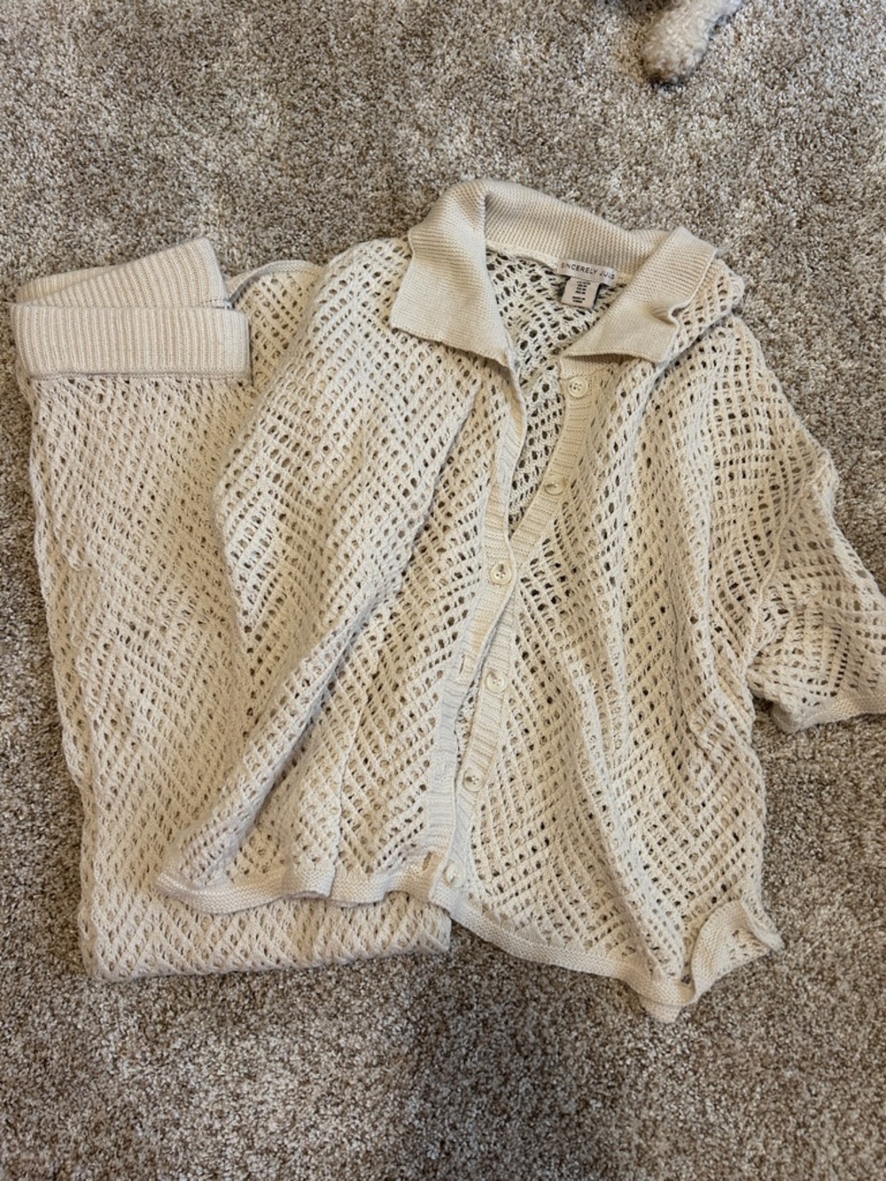 Button-Front Open Knit Sweater & Pants - Cream